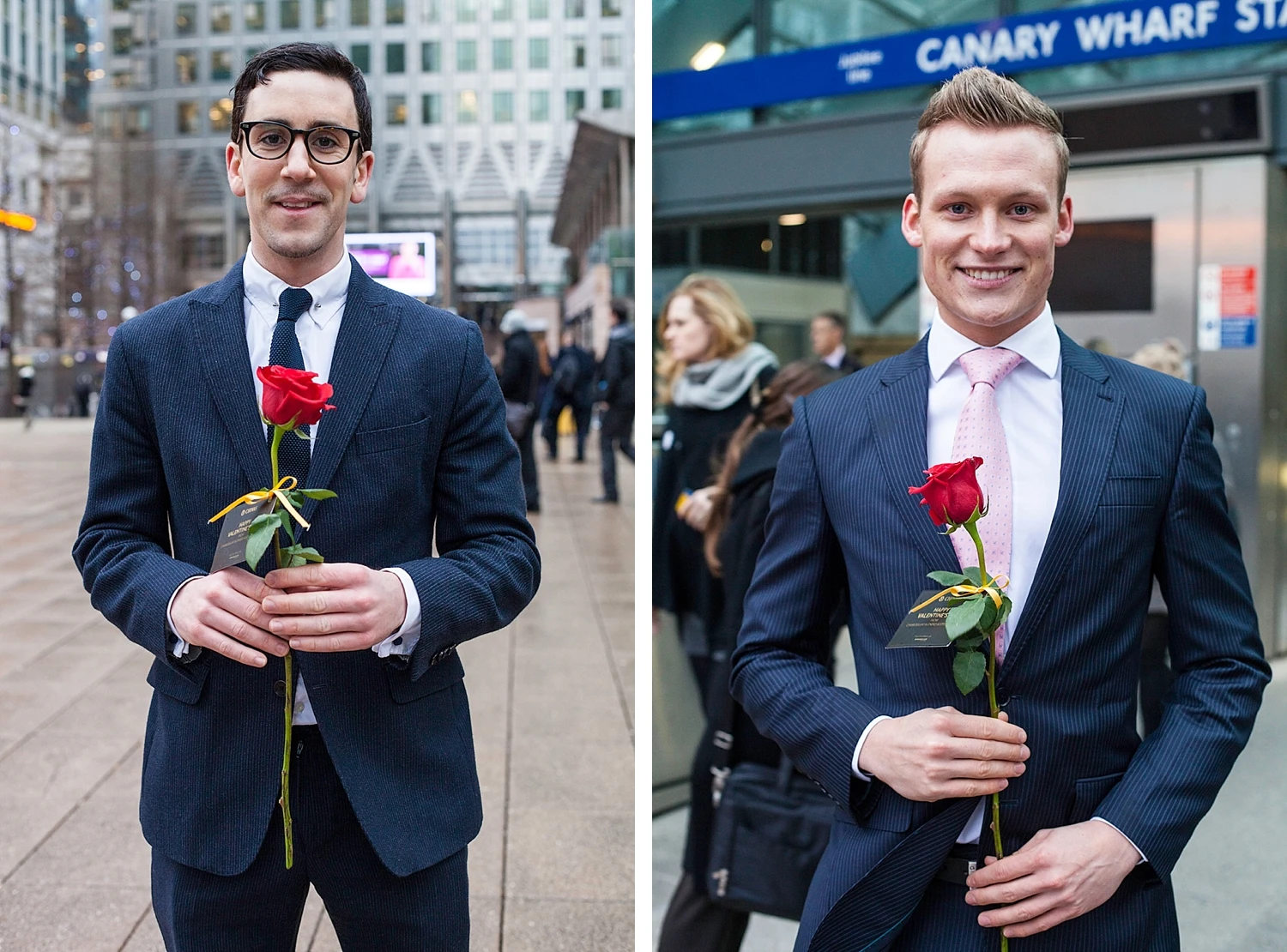  Young suitors stand ready to give red roses on Valentines day. 