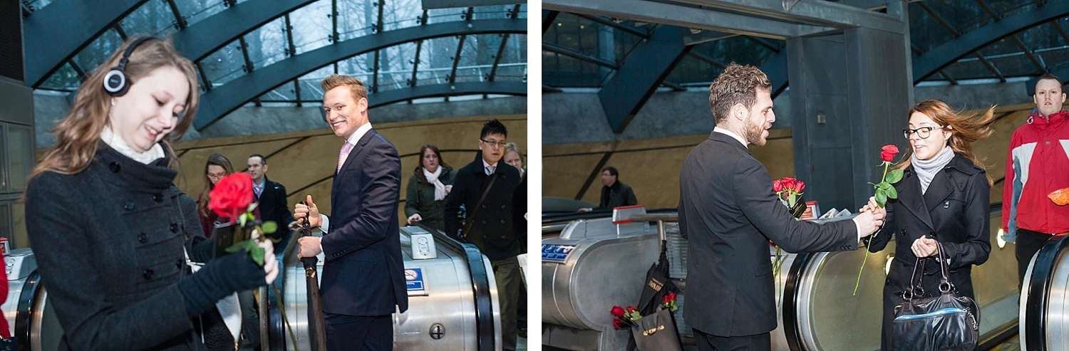  Smiling commuting women receive red roses on Valentines day courtesy of Chivas Whisky 