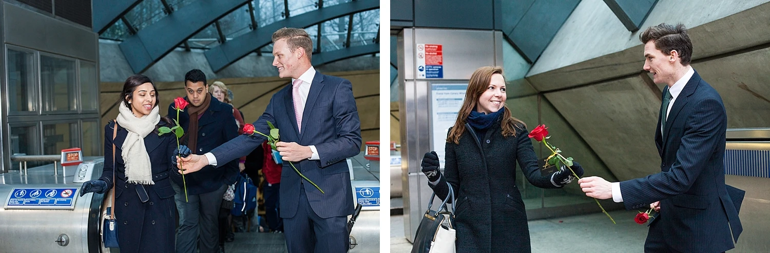  Smiling commuting women receive red roses on Valentines day courtesy of Chivas Whisky 